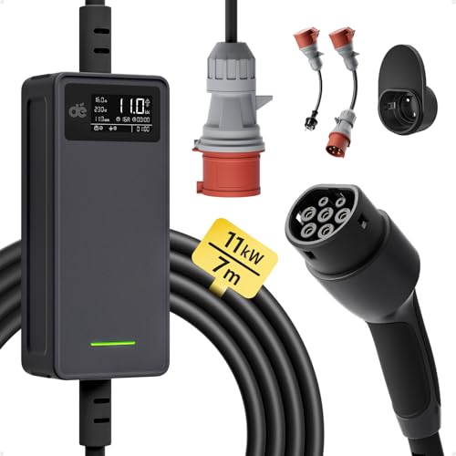 dé Mobile Wallbox 11kW |3-phasig|7m|6-16A |Einstellbare Ladeleistung|, Ladekabel CEE 16a auf Typ 2 und Mobile Ladestation 11kW für ID.3, ID.4, ID.5, Model Y, Model 3, e-up, e-tron, Zoe u andere EV