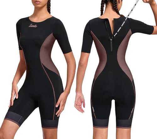 Santic Triathlon-Anzug für Damen, kurzärmelig, gepolstert, schnelltrocknend, zum Schwimmen, Radfahren, Laufen, Braun, Medium