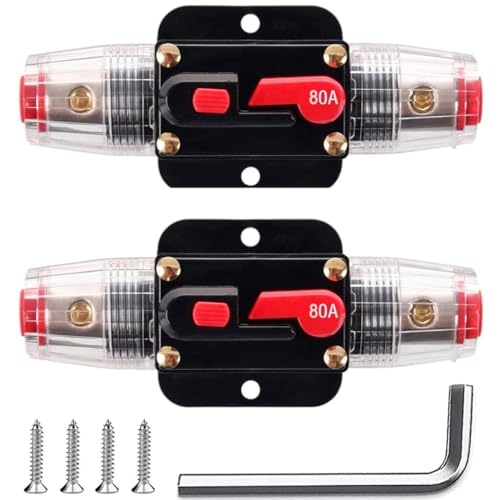 Greluma 2 Stück 80A-Inline-Leistungsschalter-Reset-Sicherung,12V-24V-DC-Reset-Sicherungshalter 80A mit manuellem Reset für den Schutz von Kfz-Marineboot-Audiosystemen