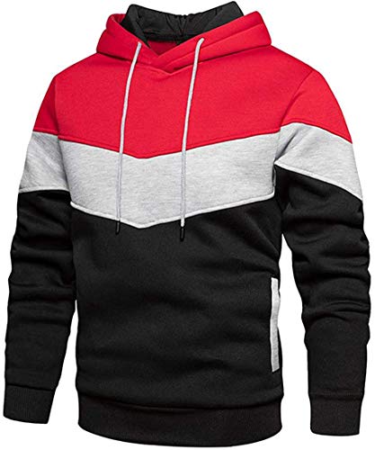 Herren-Kapuzenpullover, Farbblock-Sweatshirts, langärmelig, Kapuzenpullover, Kordelzug, lässiges Oberteil mit Taschen, rot (a), S