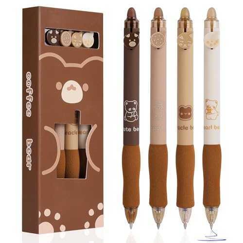 OFFCUP Radierbarer Kugelschreiber, 4 Blau Tintenroller Radierbar Gelstift, 0.5mm Radierstift Bär Cartoon Löschbarer Stift Erasable Pen für Kinder Studenten Geschenk Schul Bürobedarf - Kaffee