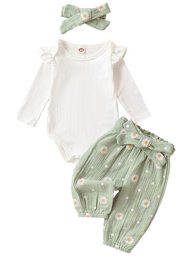 TiaoBug Baby Mädchen Kleidung Set Langarm Body mit Blumenmuster Lange Hose und Schleife Stirnband 3 Pcs Herbst Winter Babykleidung Hellgrün 62-68