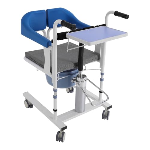 MINRS Hydraulischer Patientenlifter Transferstuhl Duschstuhl mit Rollen bis 100kg Toilettenstuhl für Senioren 180° geteilter Sitz für Kranke, Ältere, Behinderte, Schwangere Frauen Blau