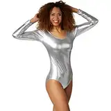 dressforfun Bodys für Damen, Body Damen Langarm, Longsleeve Damen, Top, Metallic Oberteil Damen, Kostüme für Sport, Tanz, Disco Kostüm Damen, Faschingskostüm Damen, Festival Outfit Damen - Silber, M