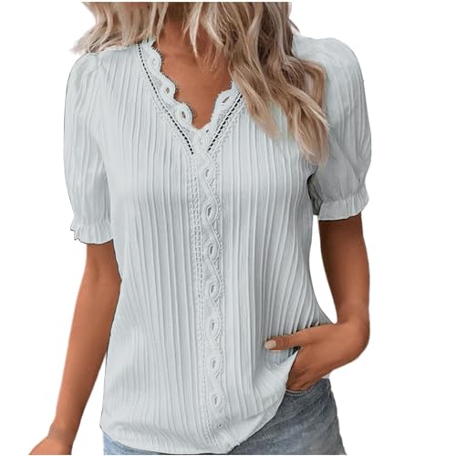 Black Week Angebote 2025 Tshirt V Ausschnitt Elegante Oberteile Spitzen Sommer Bluse Tops Für Frauen Kurzarm T-Shirts Lässige Basic Tops Tunika Oberteil Shirt Damen