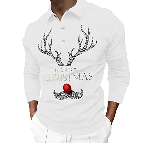 CGGMVCG Herren-Poloshirt, Weihnachtsprint, lässig, Winter, Knopfleiste, Umlegekragen, weiß, L