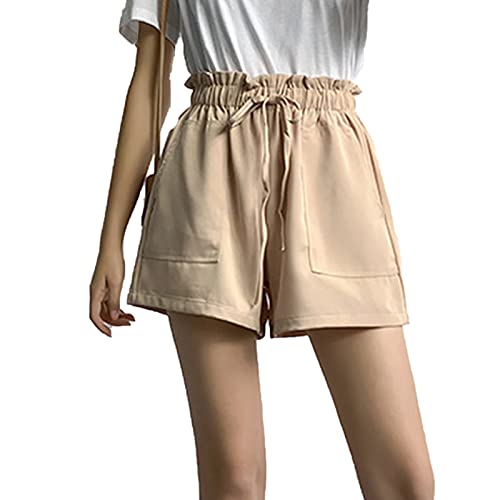 Generic Einfarbige Damen-Shorts Mit Seitentaschen Paperbag-Taillierung Bequeme Shorts Mit Weitem Bein Bequeme Shorts Mit Kordelzug Und GroßEn Taschen (XXL,Aprikose)