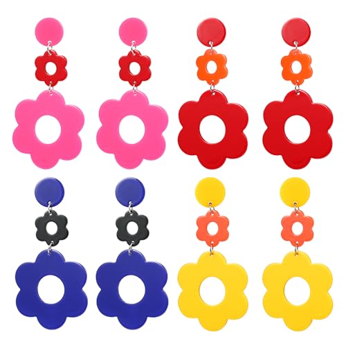 PHOGARY Boho Blumen Ohrringe, 4 Paare Hippie Ohrringe Damen 70er Jahre Accessoires für Mädchen, Acryl Blumenohrringe für Frauen, Harz-Böhmische-Ohrring Karneval Gänseblümchen Set, Neon Party Schmuck