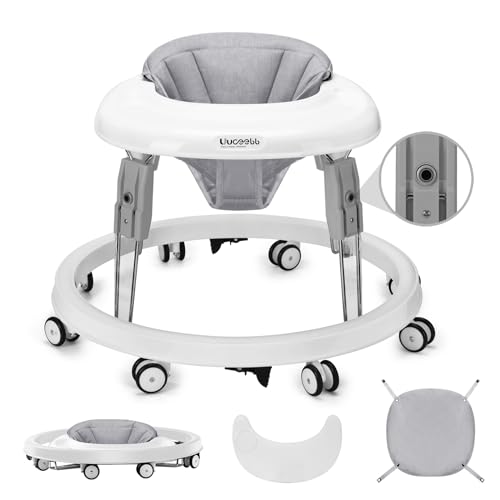 Uuoeebb Baby Lauflernhilfe, Faltbarer Baby Walker mit Bremsendesign und Tablett, Anti-Rollove Lauflernwagen mit 7-Fach Höhenverstellbar, Lauflernhilfe Baby ab 6 Monate (Grau)