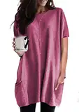Yming Damen Sweatshirt mit Taschen Übergröße Kurzarm Pullover Basic T Shirt Rose XXL