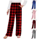 XINYUNZU Hosen für Mädchen Karierte Freizeithose mit Taschen Kinder Pyjama Hose Elastische Taille Schlafanzughose Girls Pants Lässige Baggy Hose 4-14 Jahre Alt Super Sale Angebote Rot 11 Jahre