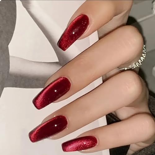 GlamRays 30 Stück Cat Eye Rot Press on Nails Quadratisch Mittel Lang Glue-On Nagel Mit Schmuck Designs Voll Abdeckung Pressons Falscher Nagel Gel Maniküre Glitzer