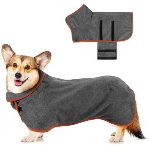Jostift Mikrofaser Hunde Bademantel Badetuch, Hundebademantel Extra Saugfähig, Schnell Trocknender Hundebademantel, Hundehandtuch mit Verstellbaren Trägern für Große Mittel und Kleine Hunde(Grau, S)