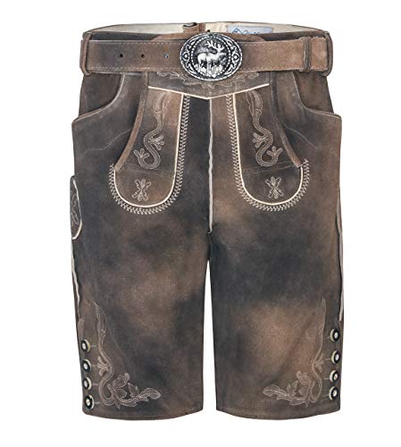Herren Vintage Lederhose Steiermark kurz - Trachtenlederhose Antik Taupe inkl. Trachtengürtel Modell Steiermark (48, grau-braun)