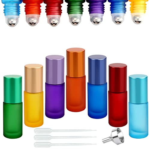 DKBT Roll on Glasflaschen für ätherisches öl 7 Stück ätherische öle Roll on Flasche Leer 5ml mit Edelstahl Roller Bällen für ätherische Öle,Parfüm,Kosmetika,Massagen (7 Farbe)