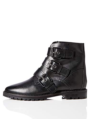 FIND Three Buckle Leather Biker, Damen Stiefeletten, Schwarz (Black Black), 37 EU (4 UK)