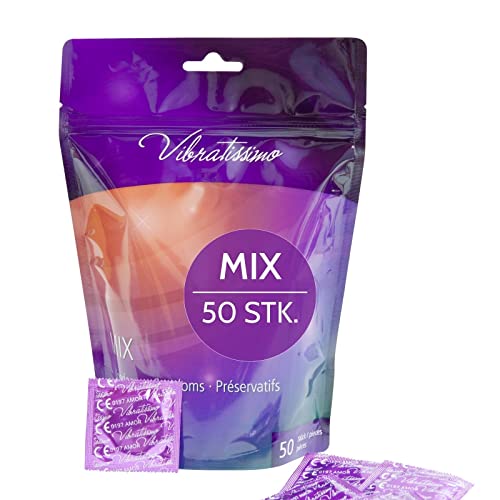VIBRATISSIMO Kondome Mix 50er Pack gemischt I gefühlsecht & extra feucht I für Men I Beutel dünne Wandstärke & Aromatisiert I hauchzart genoppt & gerippt