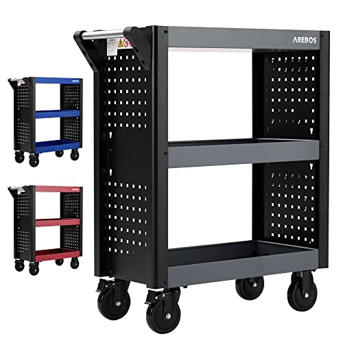 Arebos Servicewagen 3 Fächer | Werkstattwagen | Werkzeugwagen | Rollwagen für Transport und Lagerung | Multifunktionaler Etagenwagen | Allzweckwagen | 18-teiliges Hakenset | Anthrazit/Schwarz