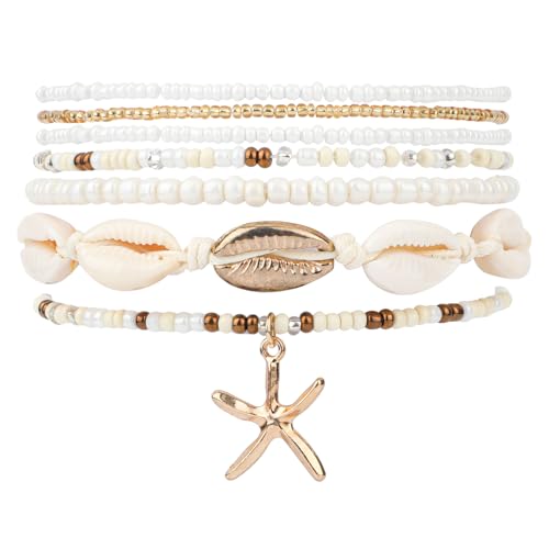 Mikovivi 7 Stück Sommer Strand Armbänder für Damen, Heishi-surfer Armband Stretch Seesterne Muscheln Boho Perlenset Freundschaftsarmbänder Stapelbar Schmuckzubehör Geschenke, für Strandparty Urlaub