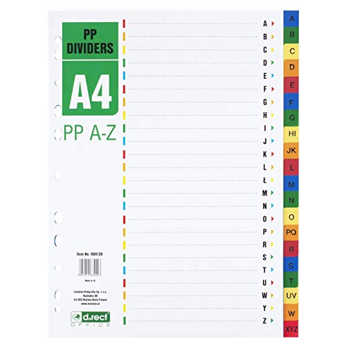 D.RECT Register für A4, PP A-Z PPAZ, A-Z Trennblätter, Ringbuchregister, Taben mit Zahlenaufdruck A-Z, Mehrfarbig, Farb-Trenner aus PP, Polypropylen