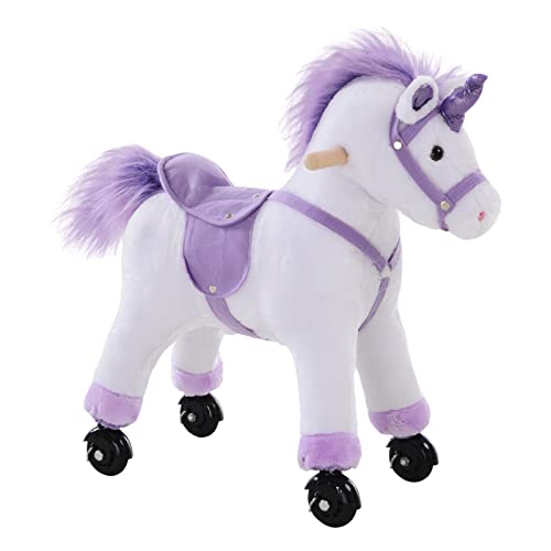 HOMCOM Reittier Einhorn auf Rollen Spielpferd Wiehern Plüsch 60 cm hoch für Kinder ab 3 Jahren, 40 kg belastbar, Lila