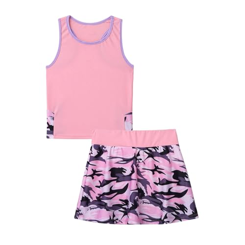 iiniim Mädchen Sport Set Tenniskleid Golf Kleid Sport Trikot Ballett Tanzkleid Sport BH Crop Tops + Rock Skater Tennisrock Fitness Yoga Outfits Camouflage Rosa 128