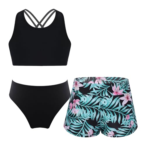 Alvivi Mädchen Bikini Tankini Set 3tlg.Tank Top+Shorts Slip Dreiteiliger Badeanzug Bademode Kinder Badebekleidung Schwimmanzug Sport Set Gr.98-176 A Lilie 134-140