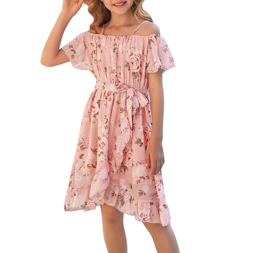 cenozo Lässig Kleider für Mädchen,Chiffon Blumenkleid Schulterfrei Sommerkleid mit Verstellbarem Riemen,Freizeit mit Rüschenärmel Ärmeln für Mädchen im Alter von 6 bis 14 Jahren