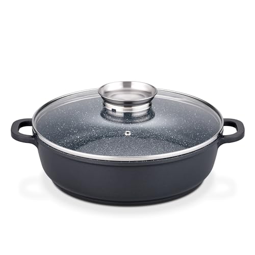GSW Gourmet Servierpfanne aus Granit mit Aroma Glasdeckel, Pfanne Induktion mit kratzfester Antihaftbeschichtung, Bräter mit Deckel, Bratpfanne 28 cm, Schwarz