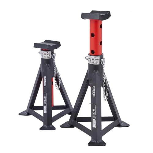 Arebos 2X Unterstellbock | je 3 Tonnen Tragkraft | höhenverstellbar 299-442 mm | Unterstellbock Set | Wagenheber Ständer | Stützböcke mit Sicherungssplint & Gummiauflagen | Stützfuß, Stahl