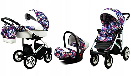 BabyLux® Bambimo Kinderwagen Set 3 in 1 - Tropical - incl. Babywanne, Buggy Sportsitz, Auto-Babyschale - Autositz - Kinderwagenset - Kombikinderwagen mit Wickeltasche, Regenschutz usw.