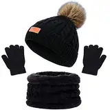 beifon Kinder Wintermütze Schal Handschuhe Mädchen Set Kindermütze Strickmütze Kinder Mütze Schal Set Mütze Jungen Warme Winter Beanie Hut Handschuhe runder Schal Set für Kinder 3-8 Jahre