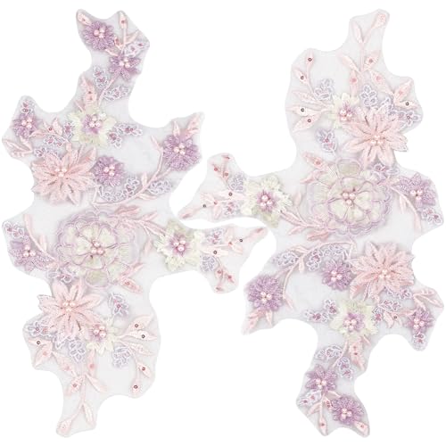 CABODYALS 2 Stück 3D Blumen Pailletten Applikation Mit Perlen Bestickte Spitzenapplikationen Rosa Polyester Stickerei Spitze Blumen Näh Tüll Patches Zum Nähen von Kleidern Kleidung Abendkleidern Heimw
