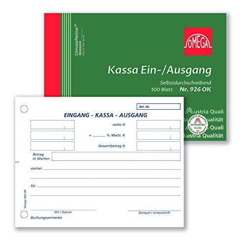 Omega Kassaein-/Ausgangsbuch 926 OK SD A6/quer, Kompaktes und CO2-neutrales Formularbuch, 1 x 100 Blätter in Markenqualität, Vielfältige Verwendung