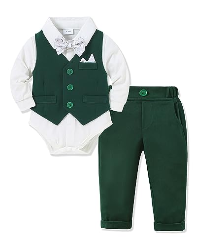 Baby Junge Anzug Taufe, Neugeborenen Taufanzug Hochzeitsoutfit Partei Babykleidung Strampler + Bowtie + Vest + Pants Set Grün 12-18 Monate