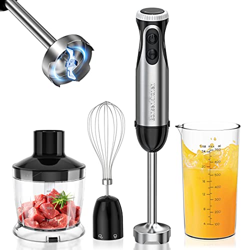 Bonsenkitchen Pürierstab, 4-en-1 Stabmixer Elektrischer, 1000W Stufenlos Geschwindigkeiten, Edelstahl, Schneebesen, 500ml Häcksler und 700ml Messbecher für Babynahrung, HB3203 (Schwarz)