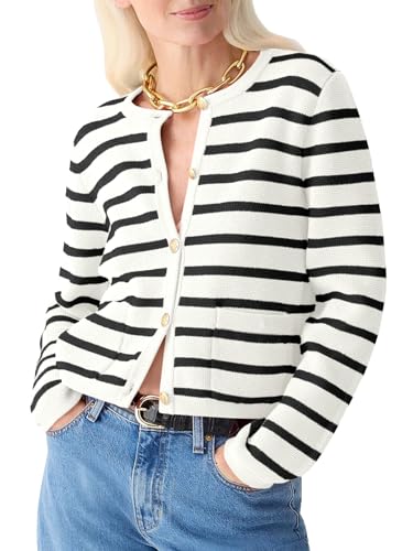 Imily Bela Gestreifte Damen Strickjacke Langarm Cardigan Rundhalsausschnitt Strickjacke Mit Knopf