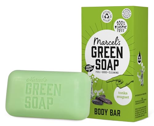 Marcel's Green Soap - Dusch Bar Tonka & Muguet - Dusch Seife - Körperseife Fest - 100% Umweltfreundlich - 100% Vegan - 97% Biologisch abbaubar - 150 gr