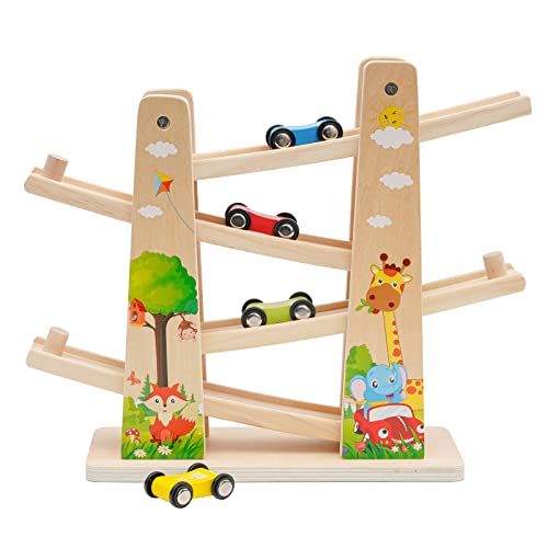 Kugelbahn Holz,Premium Holzspielzeug mit 4 Autos,Autorennbahn Holz Spielzeug für Jungen Geschenke Geburtstagsgeschenke,Rennbahn Lernspielzeug Geschenk für Kinder über 18 Monate