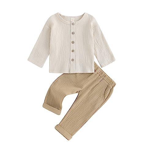 Yassiglia Baby Jungen Musselin Kleidung Set Kleinkinder Sommer Herbst 2-teiliges Outfit Button Down Langarm-T-Shirt + Lange Hosen Loungewear (Khaki, 3-4T)