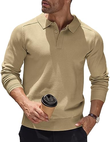 COOFANDY Pullover Herren Poloshirt Strickpullover Mit Polokragen Long Sleeve Sweater Feinstrick Pullover Lässig Strick-Pulli Thermo Pullover Business Pullover Dunkles Khaki L