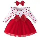 LUVCES Baby Mädchen Kleid Outfit Herzdruck Geripptes Langarm Bowknot Valentinstag Tulle Kleider Stirnband Set Frühling Herbst Kleidung Herzdruck Rot 6-12 Monate