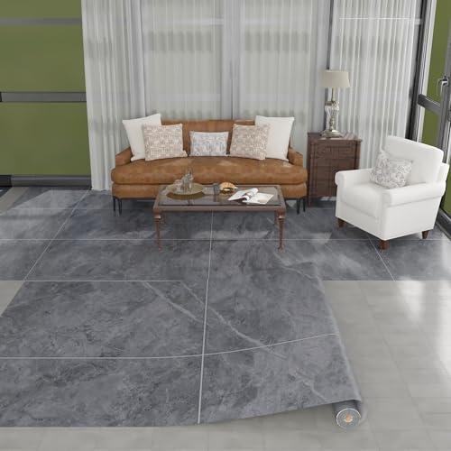 Vinylboden in Steinoptik – PVC Bodenbelag Rolle, Bodenfliesen mit Klebeband, Wiederverwendbar, Wasserfest, Ohne Kleber Fliesenoptik Bodenmatte für Wohnbereich, Kellergeschoss 100x300cm Grau