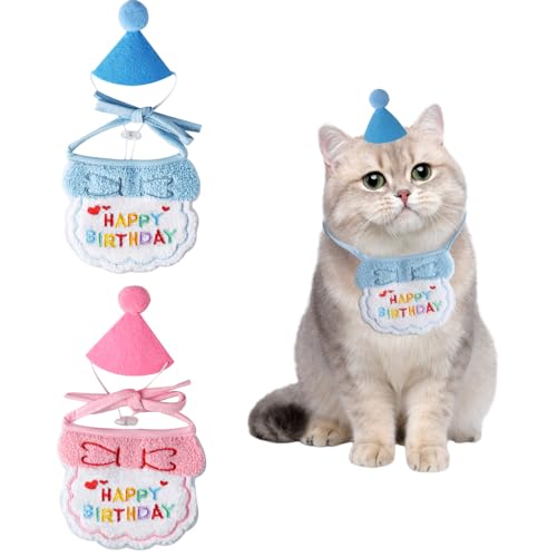 2 Set Hunde Geburtstag Hut & Katzen Geburtstag Schal Set, Hundehalstuch Katzen Hut, niedliches Katzen Kleidung Geburtstagsmütze Schal, Haustier Katze Hund Happy Birthday Bandana Schals Partyzubehör