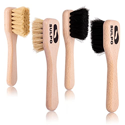 SULPO Cremebürste Tiegelbürste Schuhbürste - Weiche Bürste - Lederbürste Schmutzbürste für Leder Schuhe - 4 Stuck Set - 2 schwarz und 2 Natur - Schuhpflege