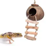 Gecko Kokosnussschalenhütte, Vogelhütte Nisthaus Verstecke mit Leiter, Kokostextur bietet Nahrung, haltbare Höhle mit Aufhängeschlaufe für Leopard Gecko, Reptilien, Amphibien und Kleintiere