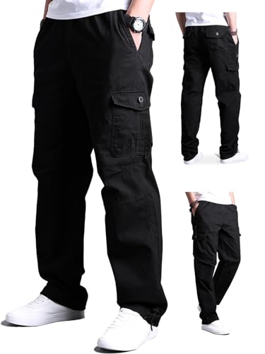 Aotoyou Cargo Hose Herren Cargohose Baumwolle Sommerhose Freizeithose mit 7 Taschen Elastische Taille, Schwarz 4XL