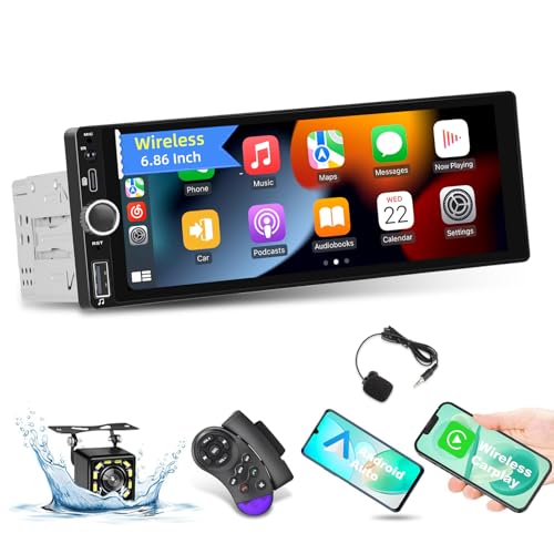 1 Din Autoradio mit Bildschirm mit Drahtlos Carplay & Android Auto - 6,86 Zoll IPS Touchscreen Autoradio mit EQ, FM/RDS Radio, Bluetooth, TF/AUX/USB/Type-C Port, SWC + Rückfahrkamera