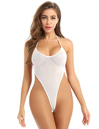 Doomiva Damen Transparent Badeanzug Monokini Einteiler Bademode Mesh Swimsuit Frauen High Cut Stringbody Dessous Nachtwäsche Weiß Einheitsgröße