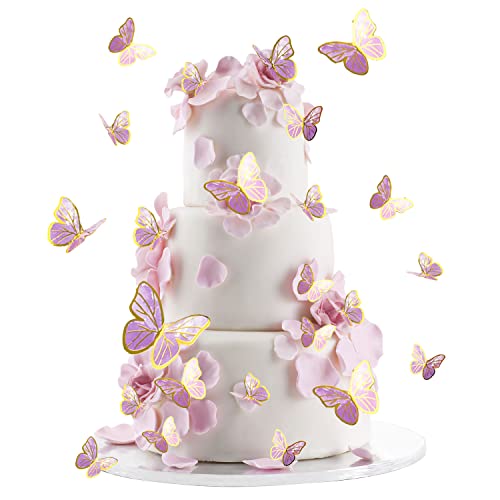 30 Stücke Schmetterling Kuchen Dekorationen 3D Schmetterling Kuchen Topper Dekorationen Gemischte Größe Schmetterling Cupcake Topper für Geburtstag Hochzeit Party Kuchen Party Essen Dekoration (Lila)